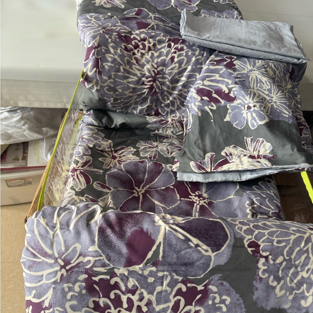 Gray and Purple Comforter with Floral Design